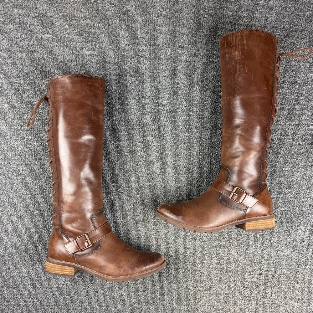 Sofft Sharnell Women's 9M Cognac Brown Leather Tall Riding Boots Lace Up Buckle